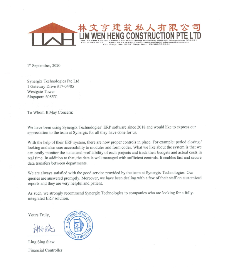Testimonial Lim wen heng construction - Lim Wen Heng Construction Pte Ltd