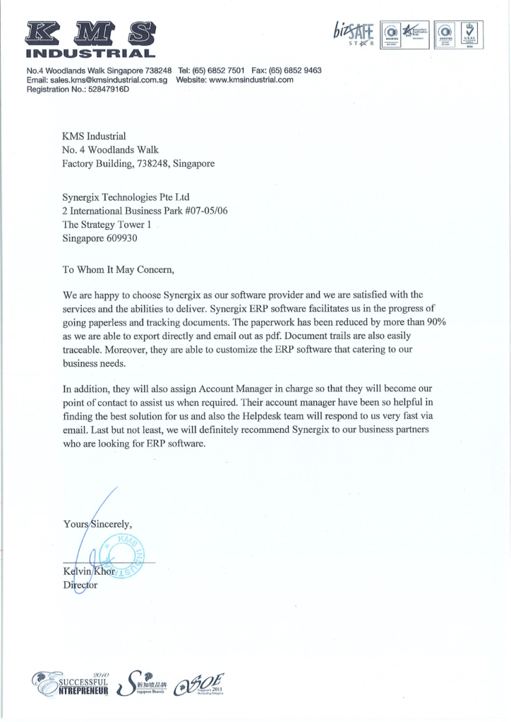 KMS Testimonial Letter signed 724x1024 - KMS Industrial