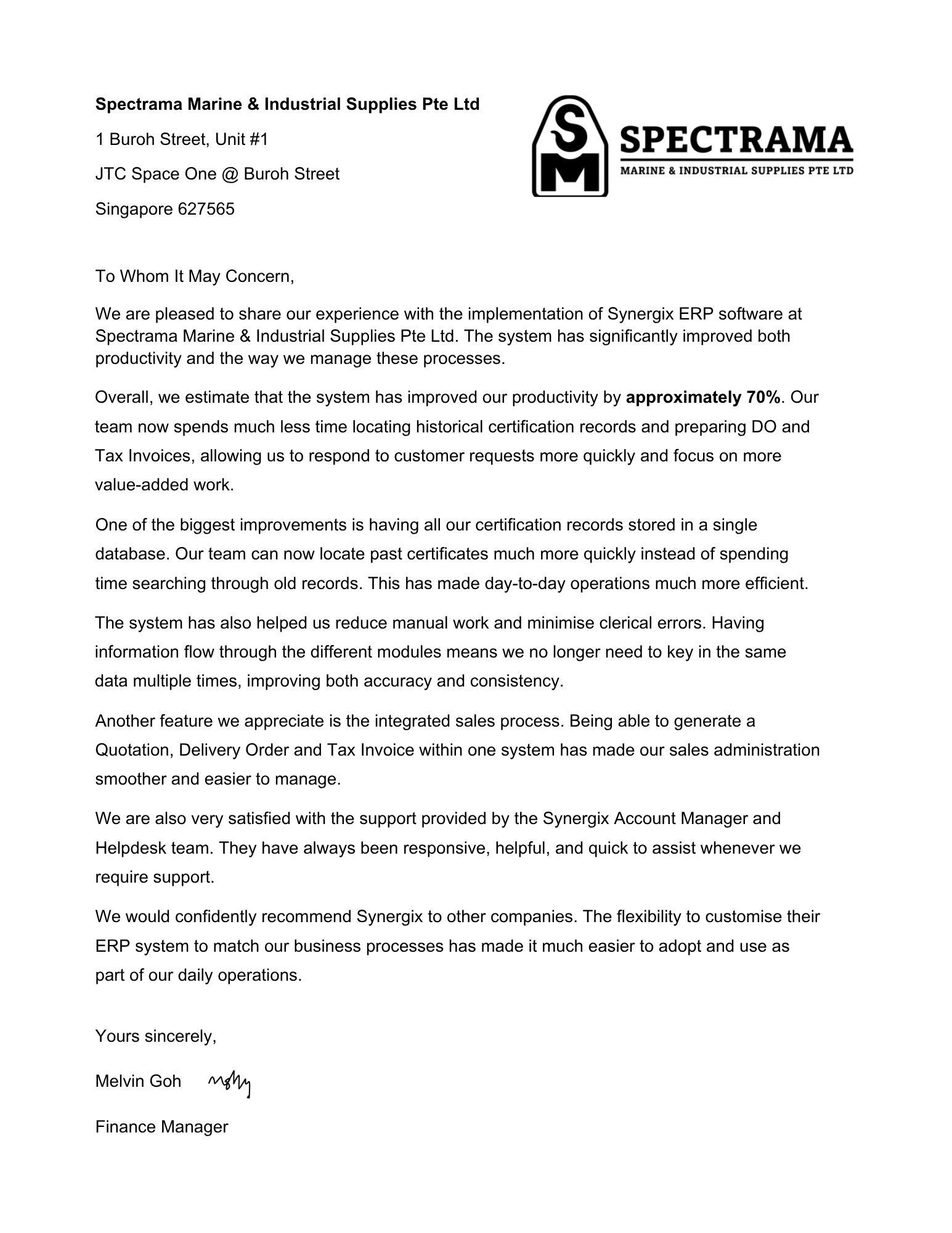Spectrama Marine & Industrial Supplies Pte Ltd Spectrama testimonial to Synergix erp software - Spectrama Marine & Industrial Supplies Pte Ltd