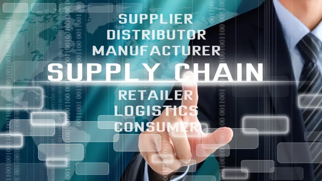 A businessman gestures toward supply chain terminology including supplier, distributor, manufacturer, retailer, logistics, and consumer against a digital background.