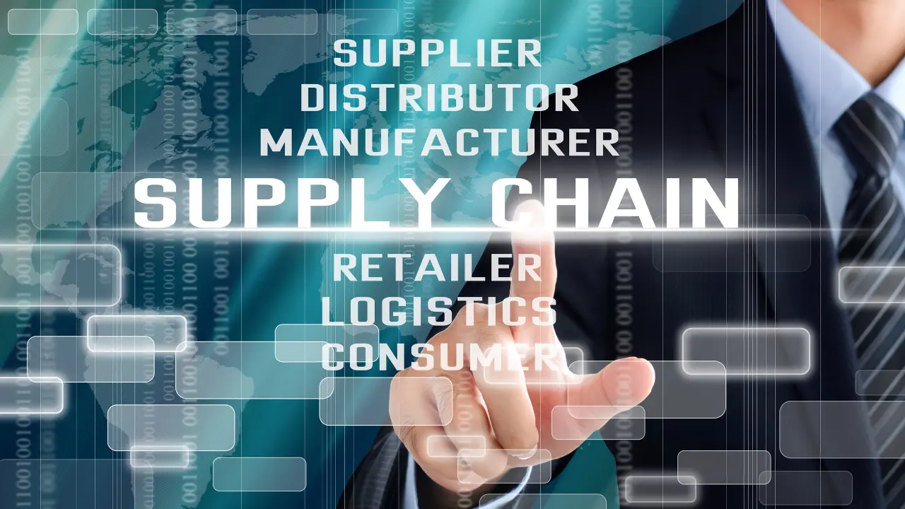 ai-for-supply-chain-management-sme-playbook A businessman gestures toward supply chain terminology including supplier, distributor, manufacturer, retailer, logistics, and consumer against a digital background.