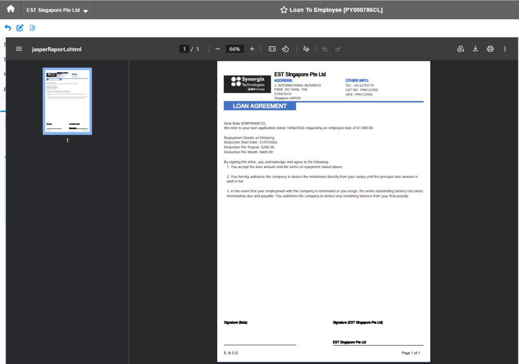 Software Update Newsletter I July 2026 2 EST Singapore Pte Ltd loan agreement document displaying terms for employee lending with deduction schedules and authorization clauses.