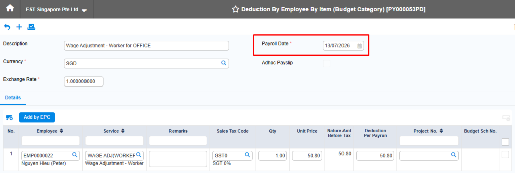 Software Update Newsletter I July 2026 4 Payroll deduction entry form in Synergix ERP system showing wage adjustment details for an employee with payroll date of 13/07/2026.