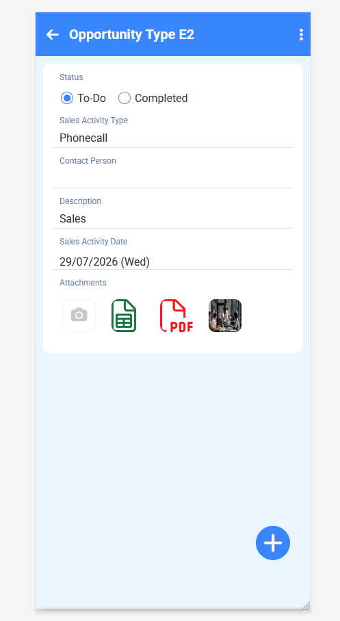 Opportunity Type E2 details screen showing a to-do sales activity phonecall scheduled for 29/07/2026 with attachments including a spreadsheet and PDF document.
