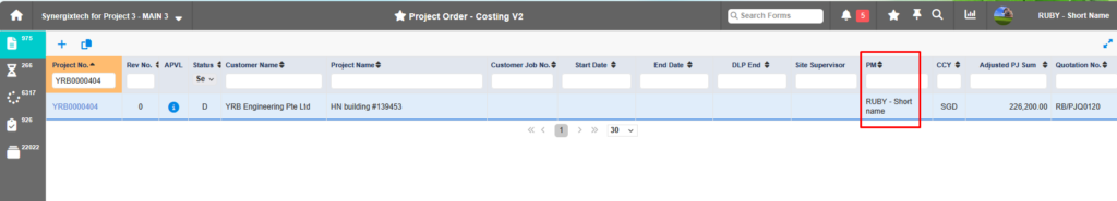 Software Update Newsletter I July 2026 8 Project order costing interface in Synergix ERP system displaying project details and financial data for YRB Engineering Pte Ltd.
