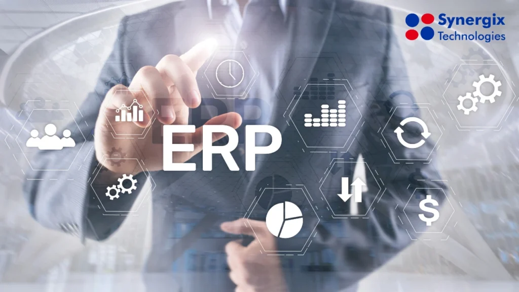A businessman interacts with digital ERP system icons representing analytics, team management, scheduling, financial data, and operational processes.