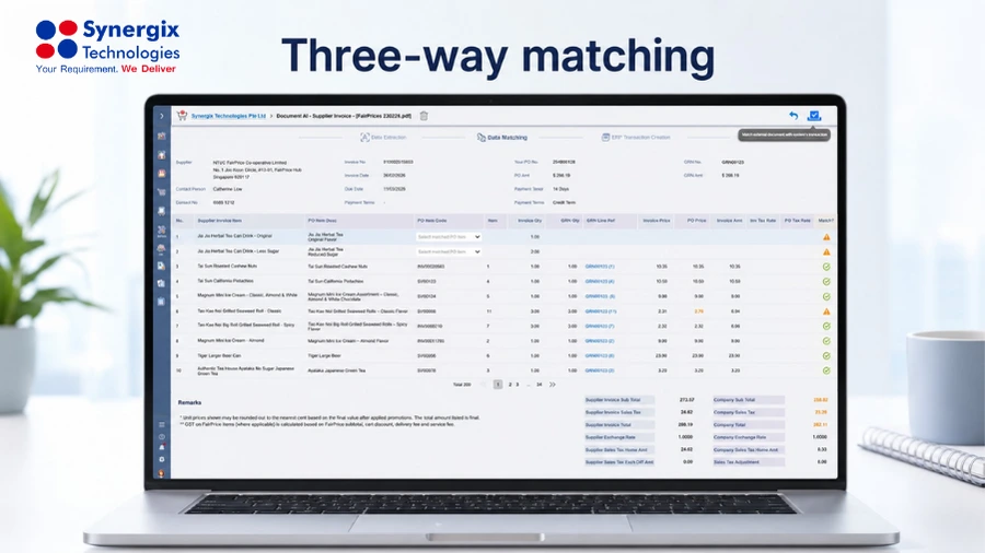Synergix ERP system displaying three-way matching functionality for purchase order reconciliation and invoice verification.