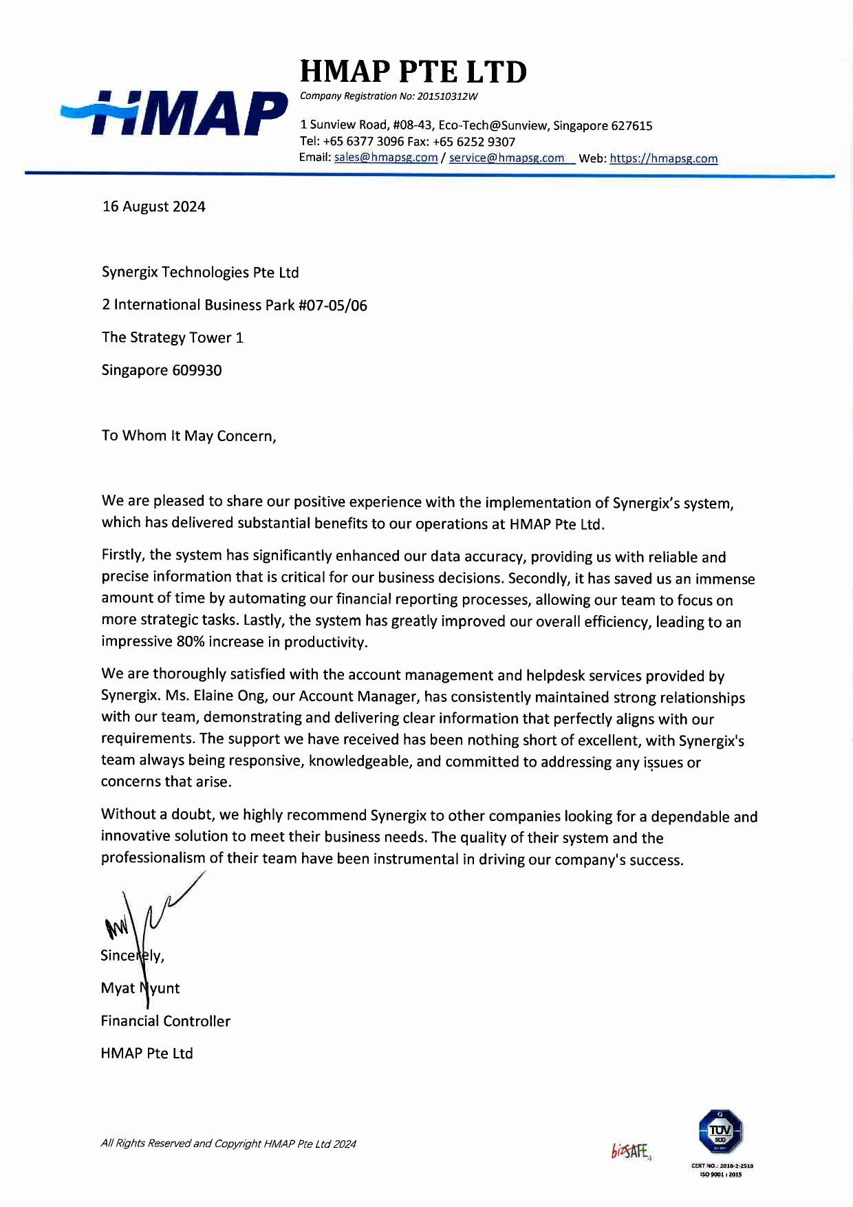 Highlander Marine (Asia Pacific) Pte Ltd 1 Testimonial letter from Highlander Marine (Asia Pacific) Pte Ltd praising Synergex system